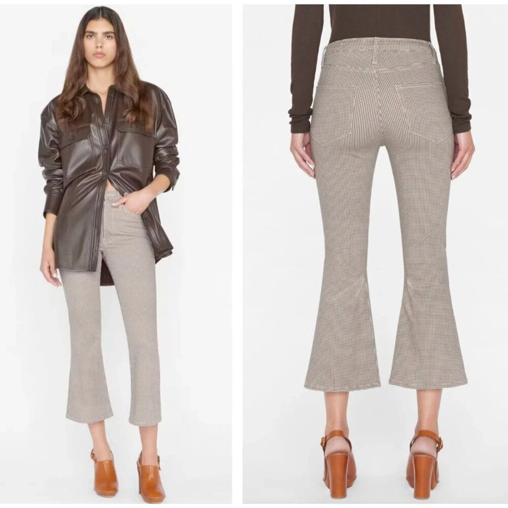 Frame Womens Le Crop Flare Camel Houndstooth Pants Jeans Size 26 Beige SP EXC